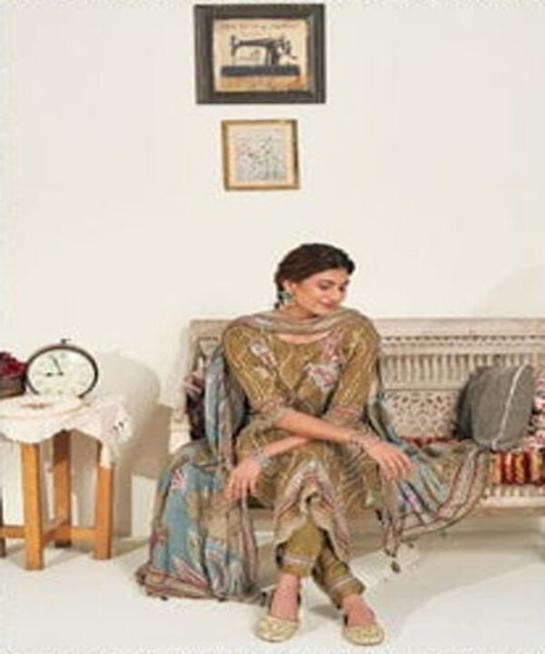DIGITAL PRINTED MOGA SILK UNSTITCHED SUIT WITH EMBROIDERY AND LACEWORK - Image 3