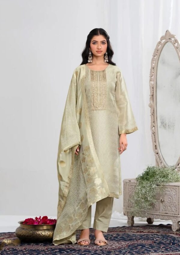 SHIMMER SILK JACQUARD UNSTITCHED SUIT WITH EMBROIDERY