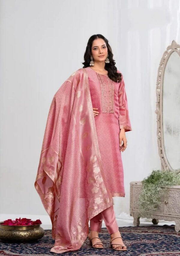 SHIMMER SILK JACQUARD UNSTITCHED SUIT WITH EMBROIDERY