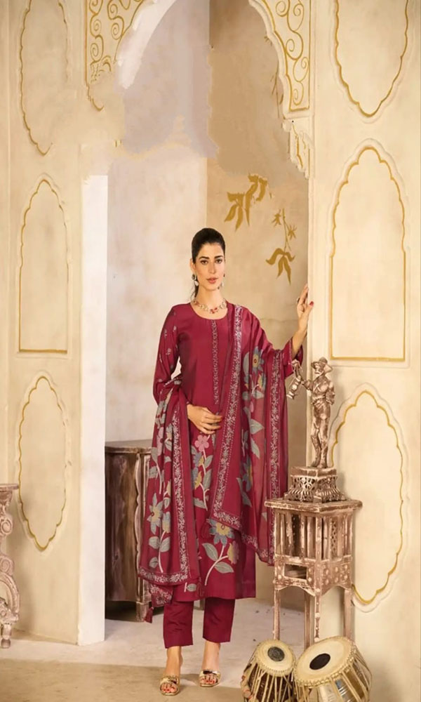 UNSTITCHED MUSLIN SILK SUIT WITH FOIL PRINT AND BEADS EMBROIDERY