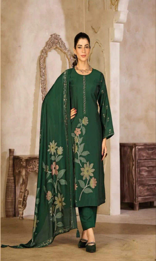 UNSTITCHED MUSLIN SILK SUIT WITH FOIL PRINT AND BEADS EMBROIDERY