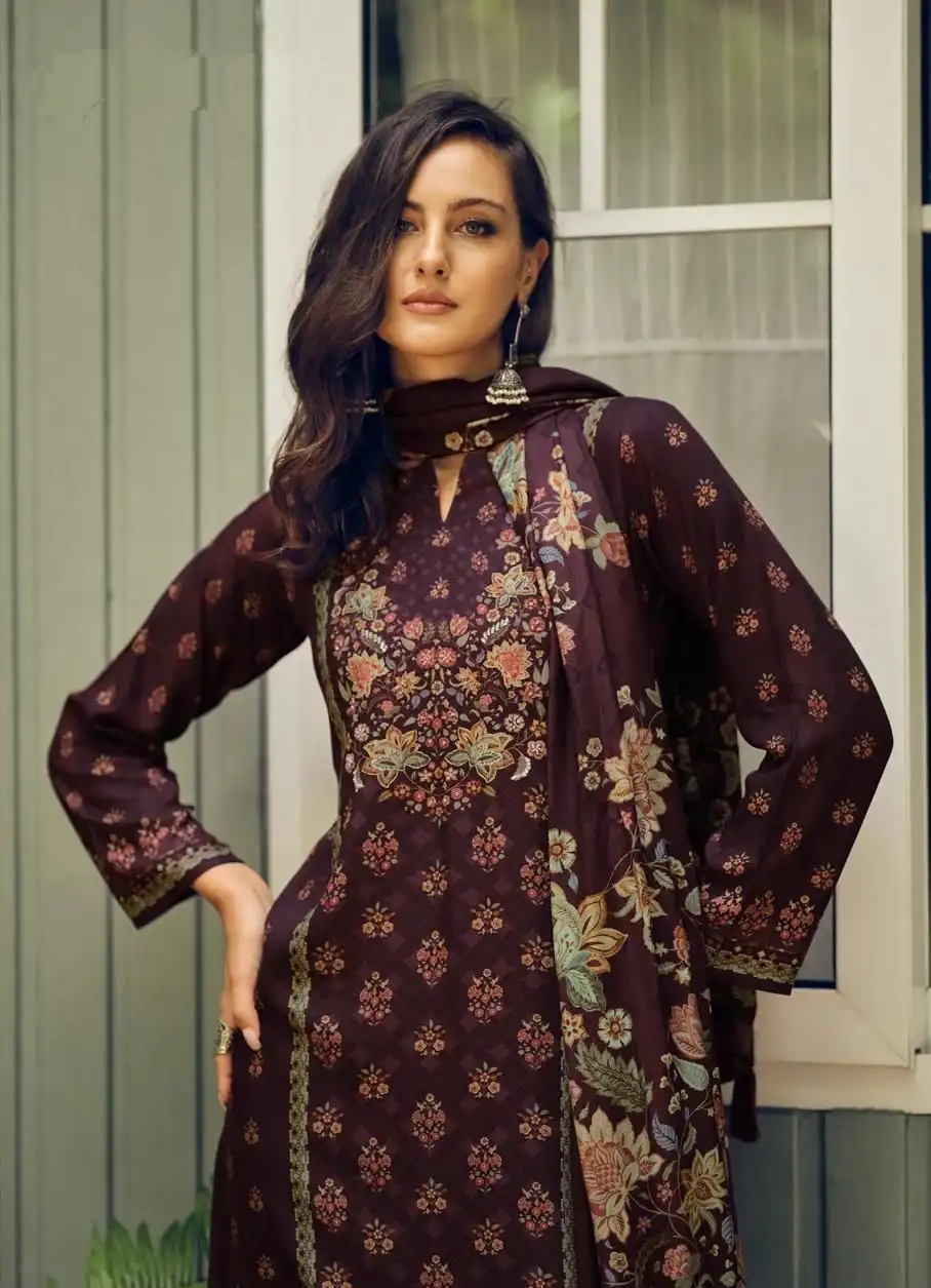 DIGITAL PRINTED UNSTITCHED PASHMINA SUIT WITH KHATLI WORK - Image 4