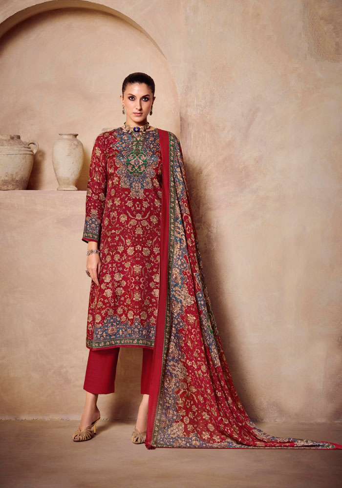 DIGITAL PRINTED MUSLIN SILK UNSTITCHED SUIT WITH HEAVY KHATLI WORK