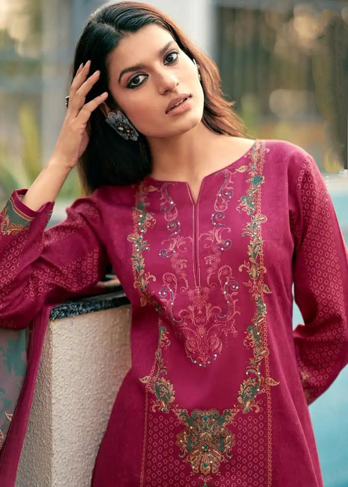 DIGITAL PRINTED JAAM COTTON UNSTITCHED SUIT WITH KHATLI WORK - Image 3