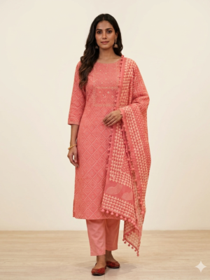 UNSTITCHED COTTON SUIT WITH MIRROR WORK