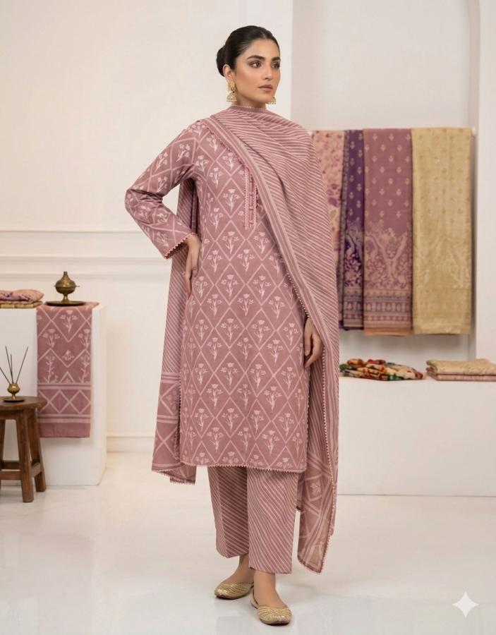 UNSTITCHED COTTON SUIT WITH MIRROR WORK