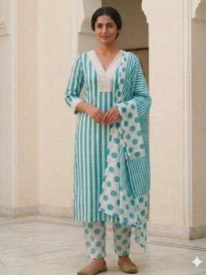UNSTITCHED COTTON SUIT WITH LACE WORK