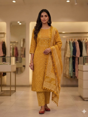 UNSTITCHED COTTON SUIT WITH MIRROR WORK