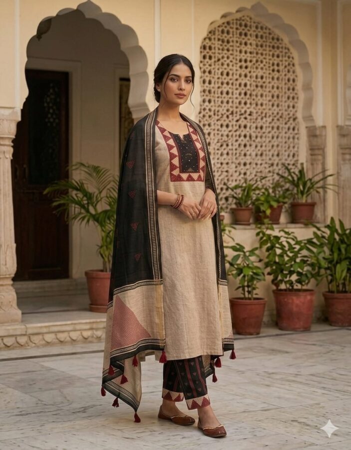 UNSTITCHED COTTON SUIT WITH  HAND WORK