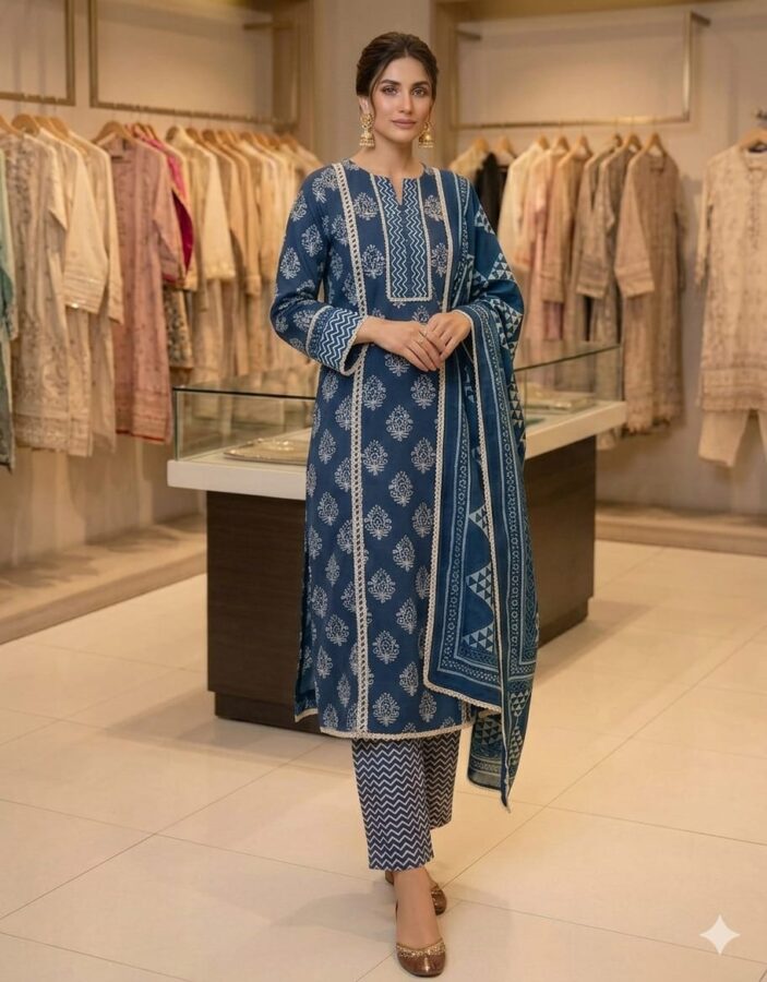 UNSTITCHED COTTON SUIT WITH  LACE WORK