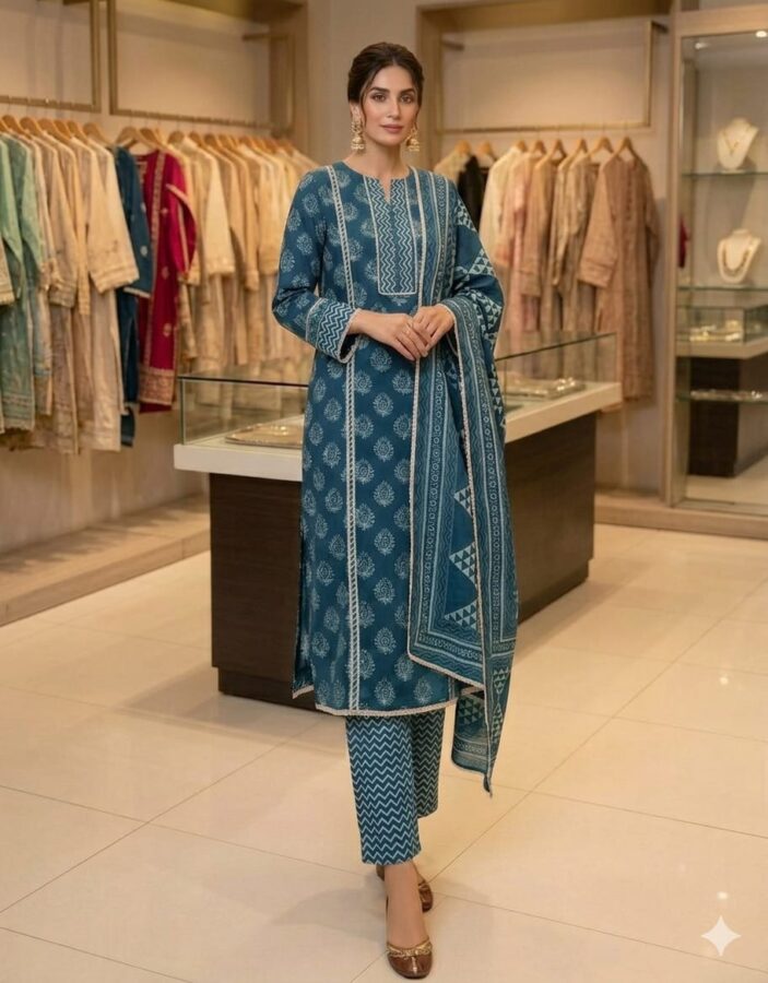 UNSTITCHED COTTON SUIT WITH  LACE WORK