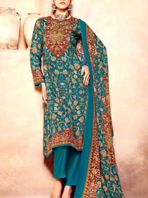 DIGITAL PRINTED MUSLIN SILK UNSTITCHED SUIT WITH HEAVY KHATLI WORK