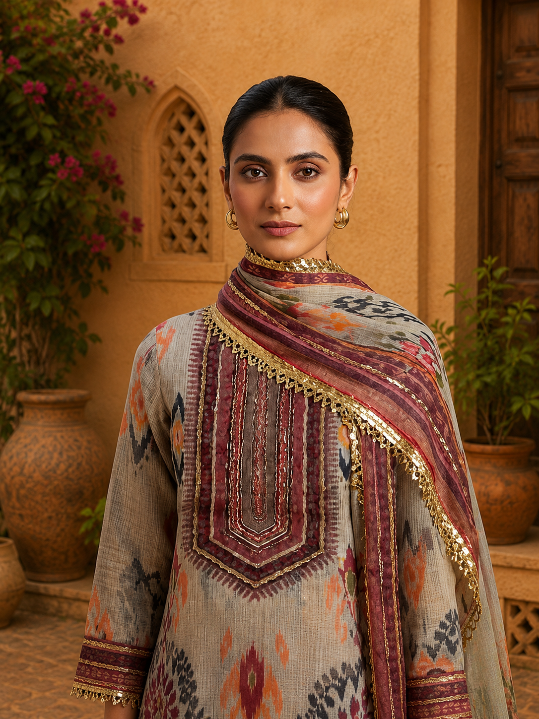 Unstitched printed Chanderi cotton suit with handwork - Image 4