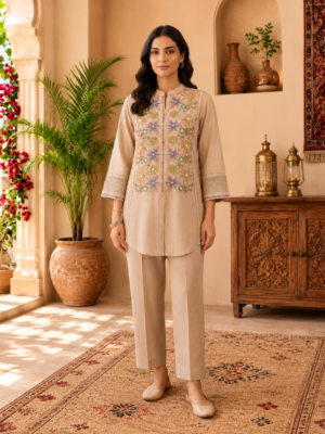 Women’s Beige Cotton Embroidered Co-Ord Set with Crochet Lace Details