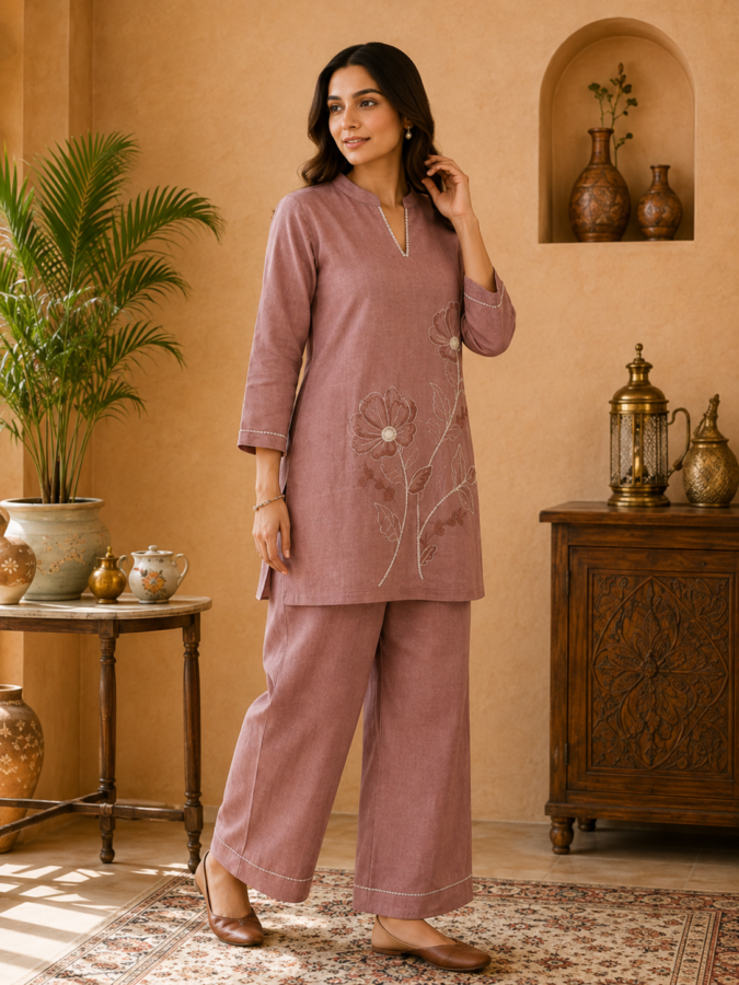 Cotton Blend Co-ord set with Embroidery & Lacework