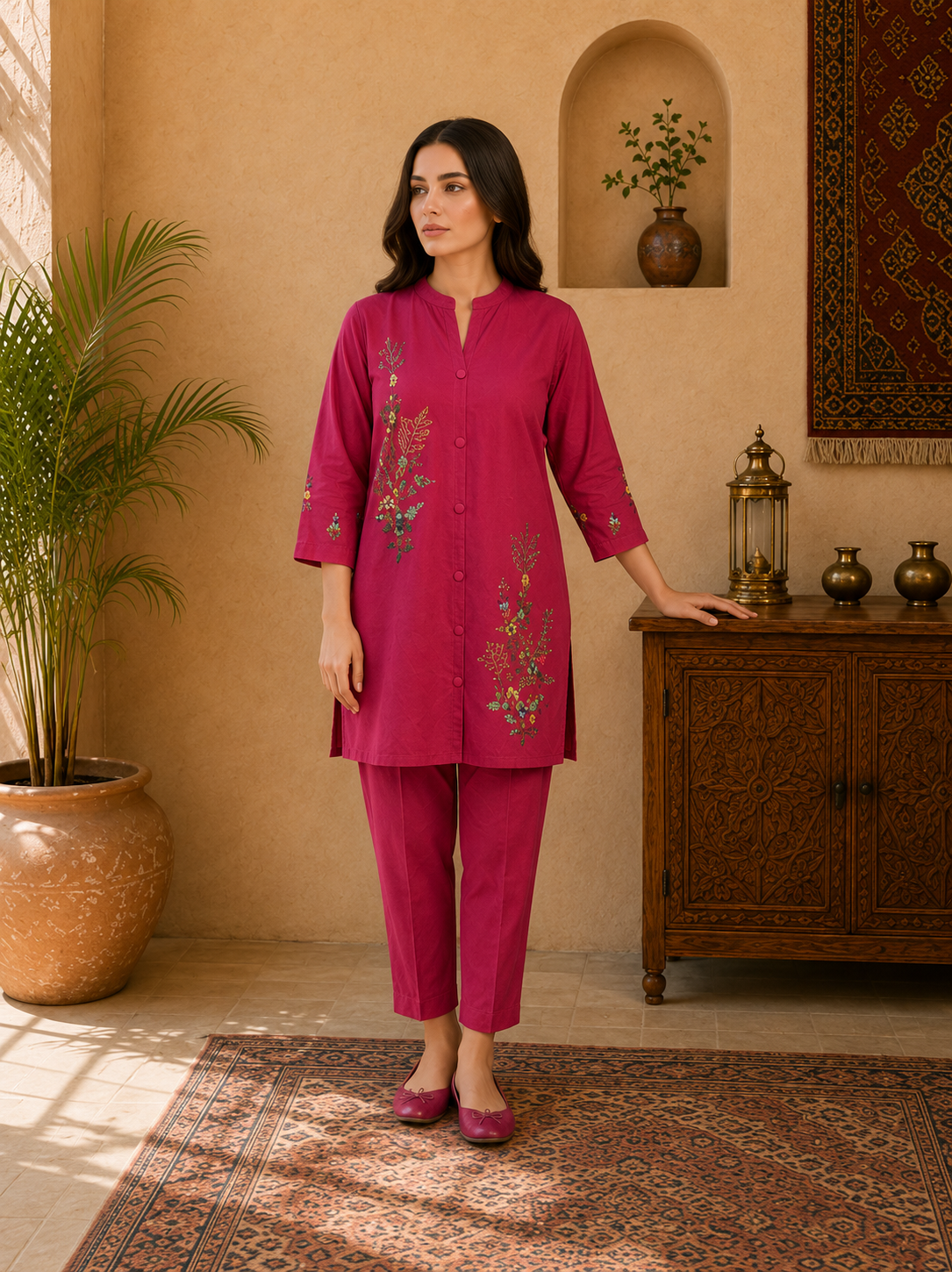 Women's Hot Pink Cotton Hand Embroidered Kurta Set - Image 2