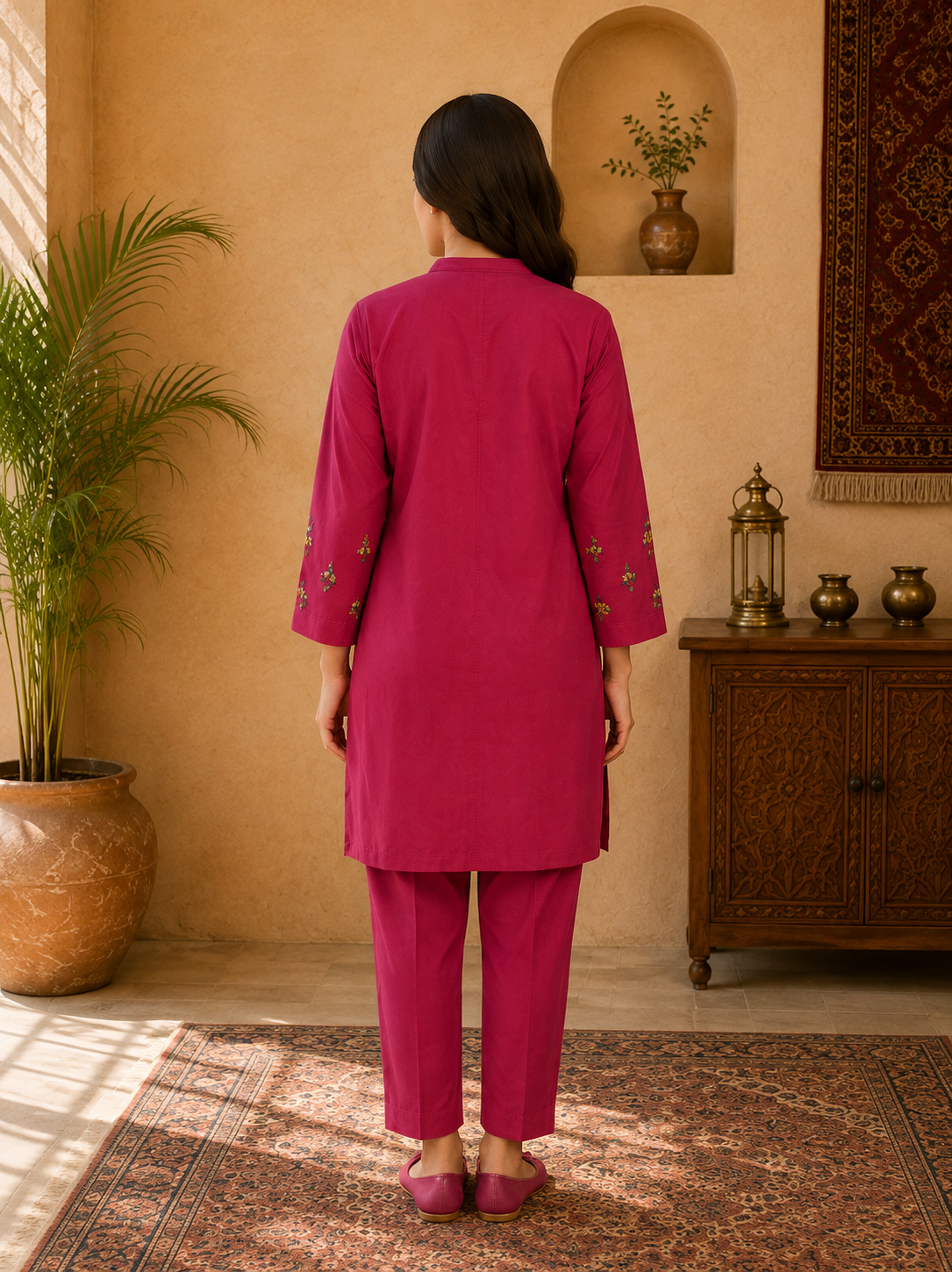 Women's Hot Pink Cotton Hand Embroidered Kurta Set - Image 3