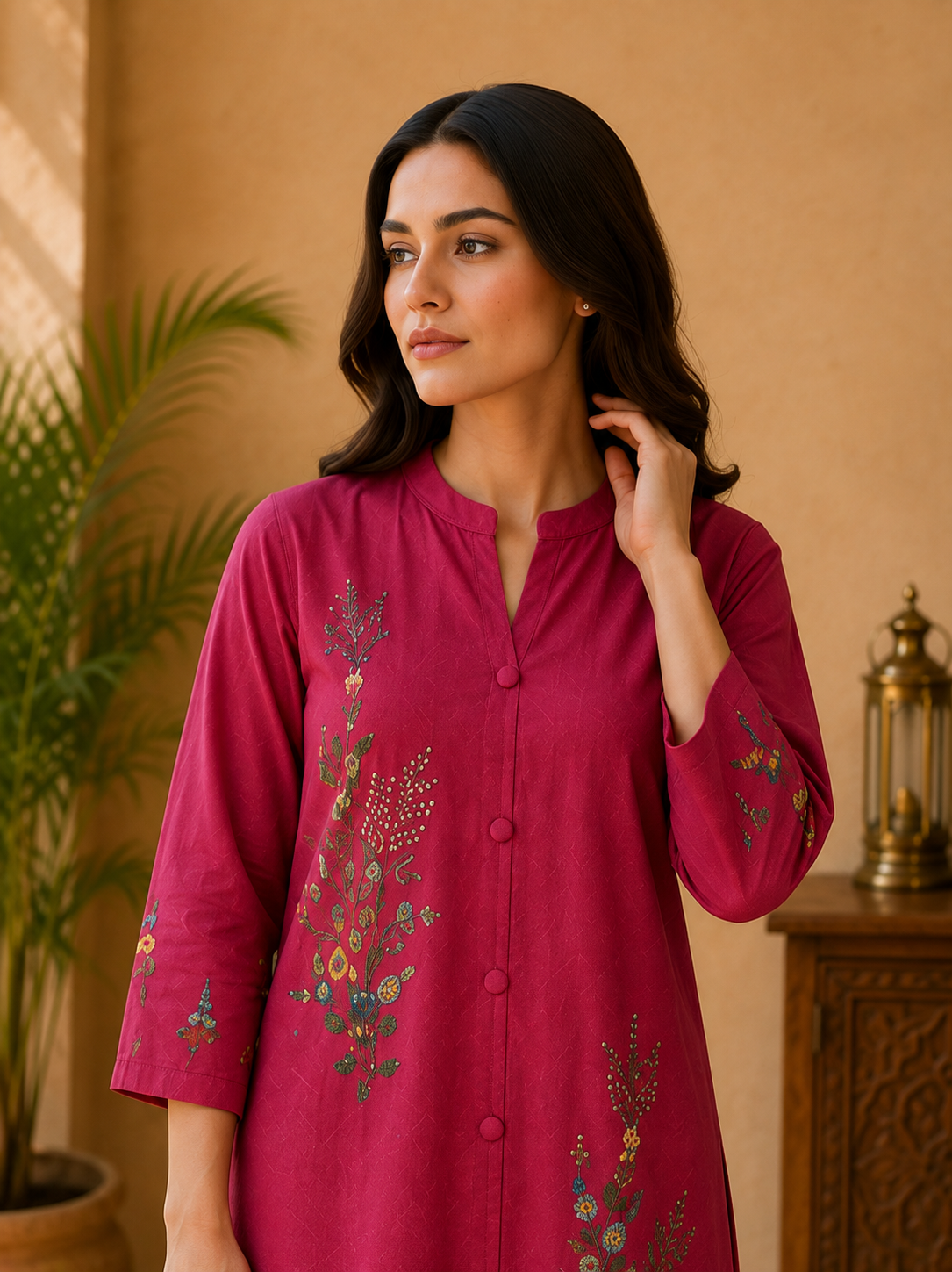 Women's Hot Pink Cotton Hand Embroidered Kurta Set - Image 4