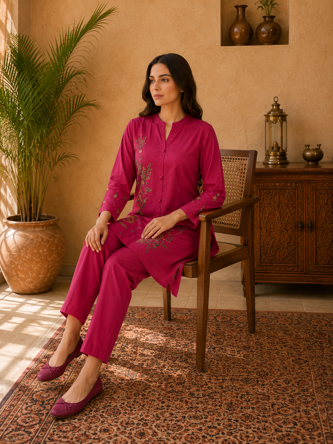 Women's Hot Pink Cotton Hand Embroidered Kurta Set - Image 5