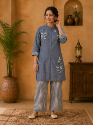 Women’s Grey Cotton Blend Floral Embroidered Co-Ord Set with Striped Trousers