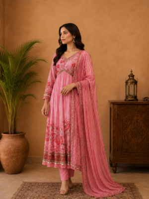 PINK MULMUL ANARKALI SUIT WITH DUPATTA (L)