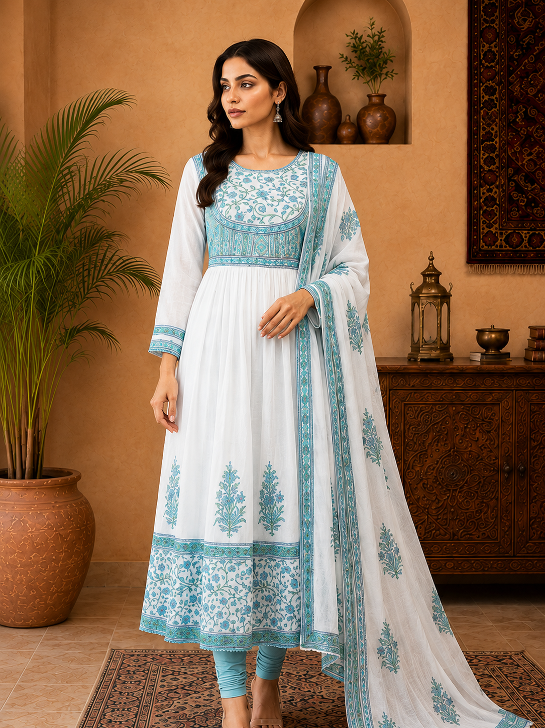 WHITE EMBROIDERED MULMUL ANARKALI SUIT WITH DUPATTA (L)