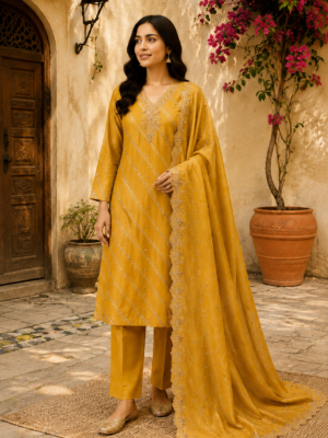 Mustard Yellow Unstitched Jacquard Shimmer Silk Suit