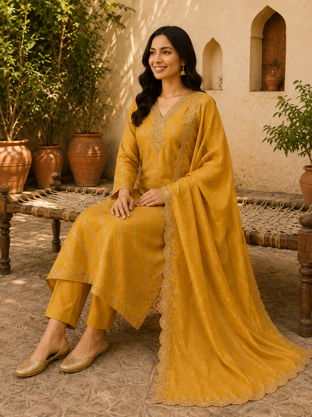 Mustard Yellow Unstitched Jacquard Shimmer Silk Suit - Image 2
