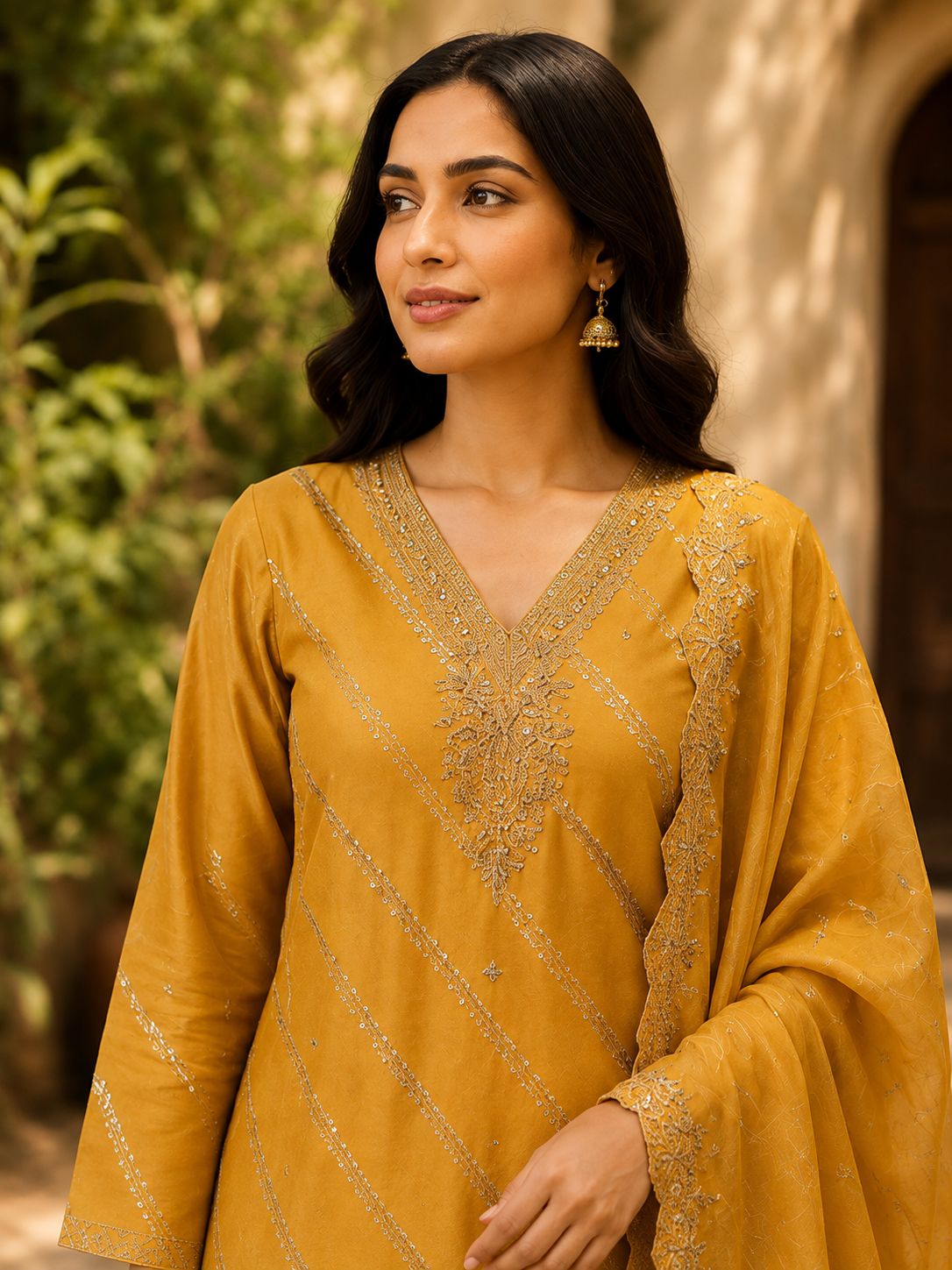 Mustard Yellow Unstitched Jacquard Shimmer Silk Suit - Image 3