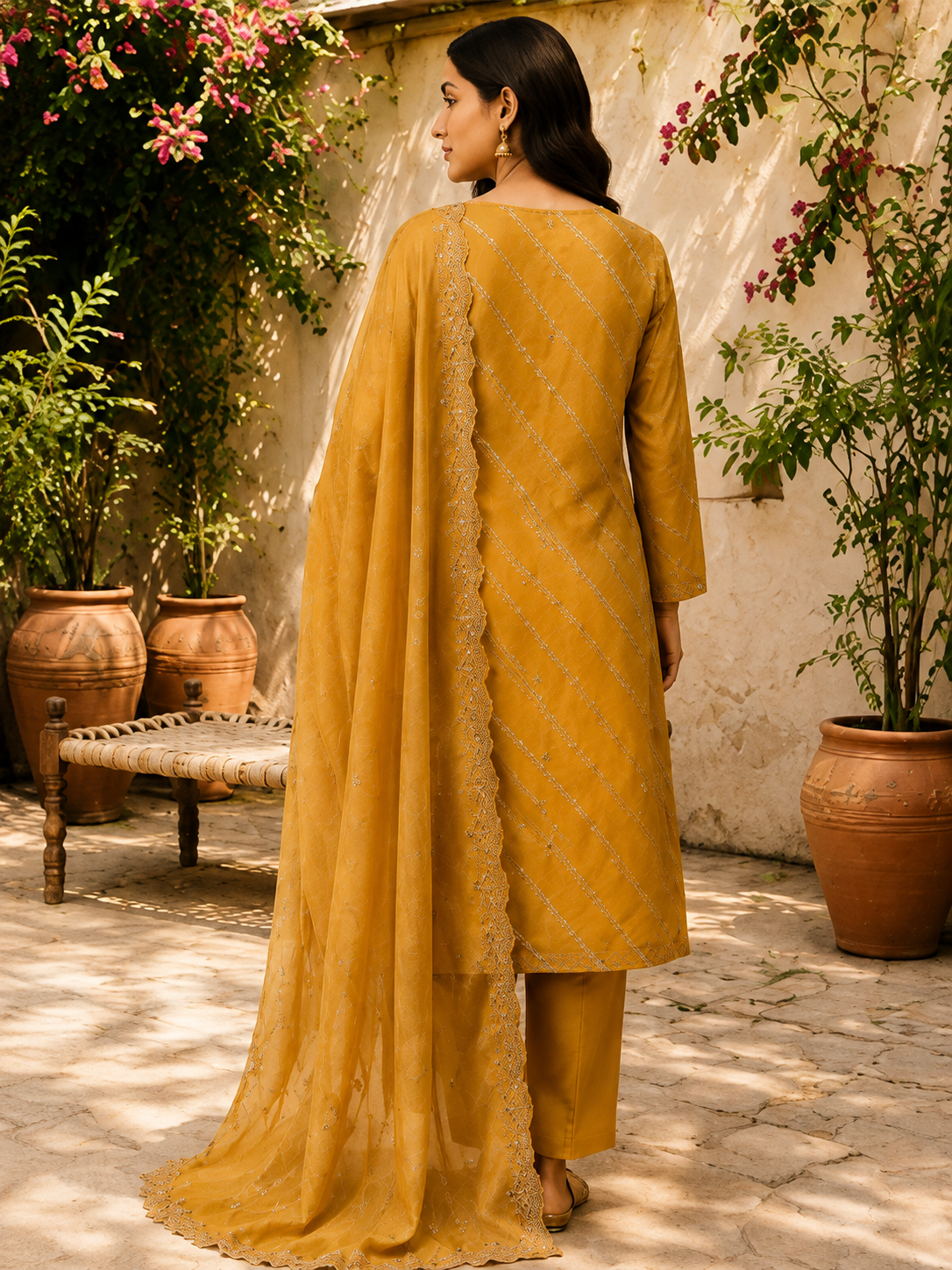 Mustard Yellow Unstitched Jacquard Shimmer Silk Suit - Image 4