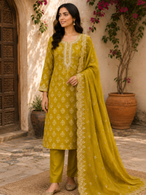 Mustard Yellow Unstitched Cotton Silk Suit with Handwork