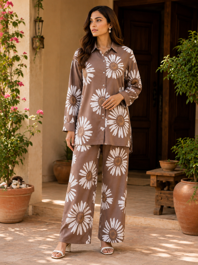 Floral Printed Co-Ord Set with Collar Shirt & Palazzo Pants