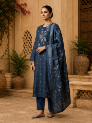 Navy Blue Unstitched Fancy Cotton Suit with Embroidery