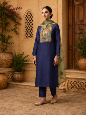Unstitched Chanderi cotton embroidered suit Dark Blue
