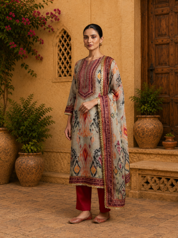 Unstitched printed Chanderi cotton suit with handwork