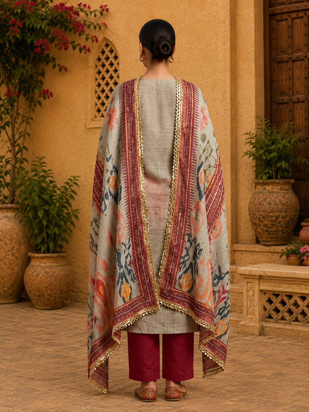 Unstitched printed Chanderi cotton suit with handwork - Image 3