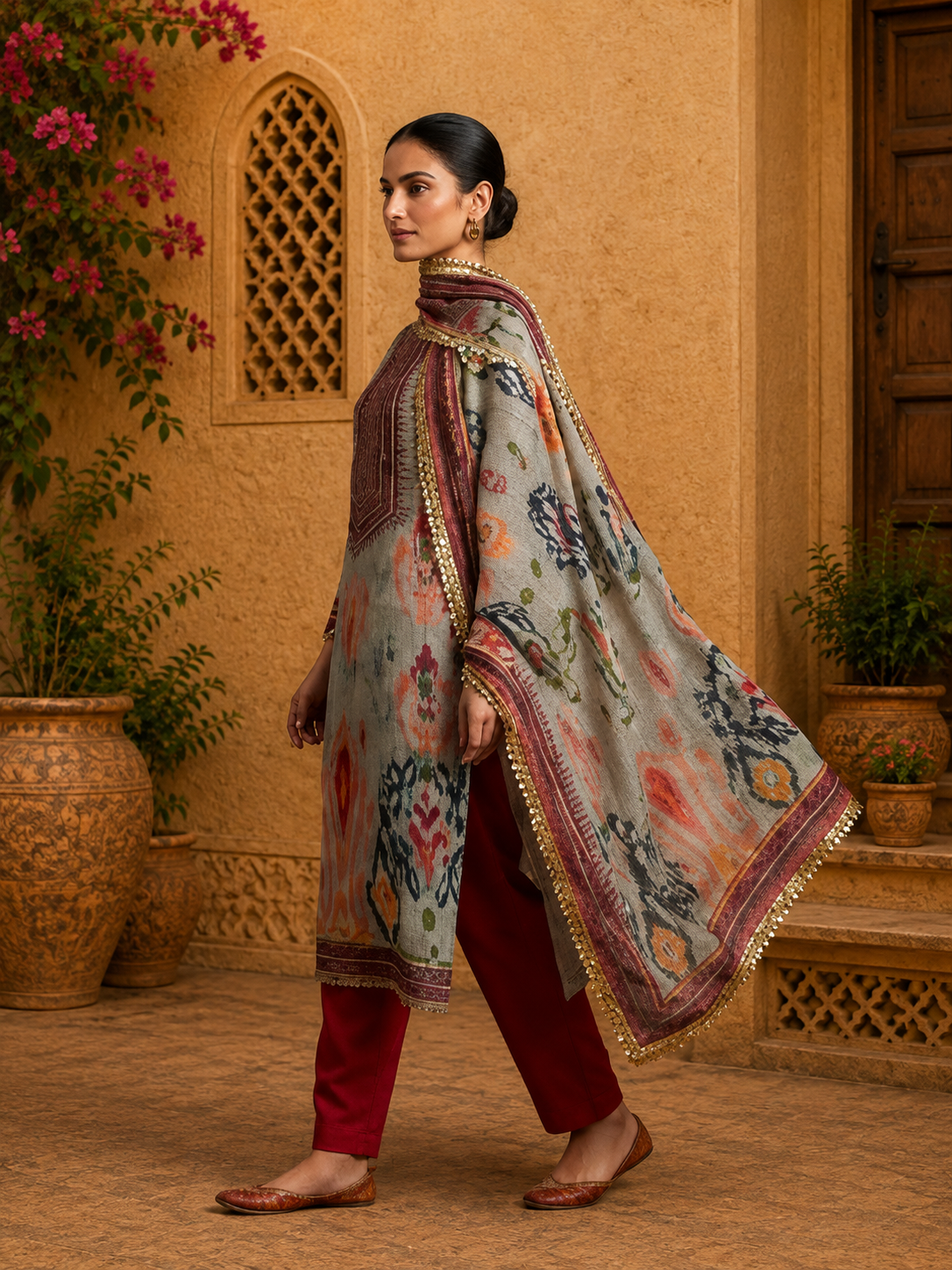 Unstitched printed Chanderi cotton suit with handwork - Image 2