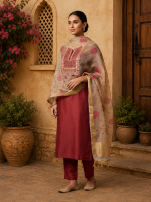 Unstitched Chanderi cotton embroidered suit