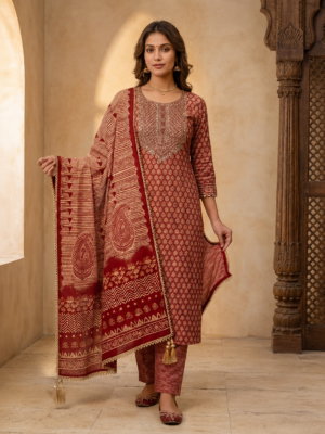 Unstitched Cotton silk suit with embroidery