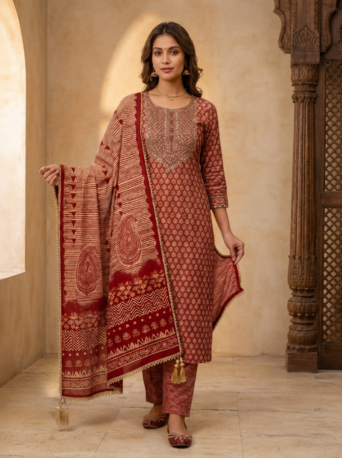 Unstitched Cotton silk suit with embroidery