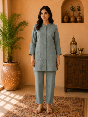 Women’s  Self-Embroidered Cotton Blend Co-Ord Set