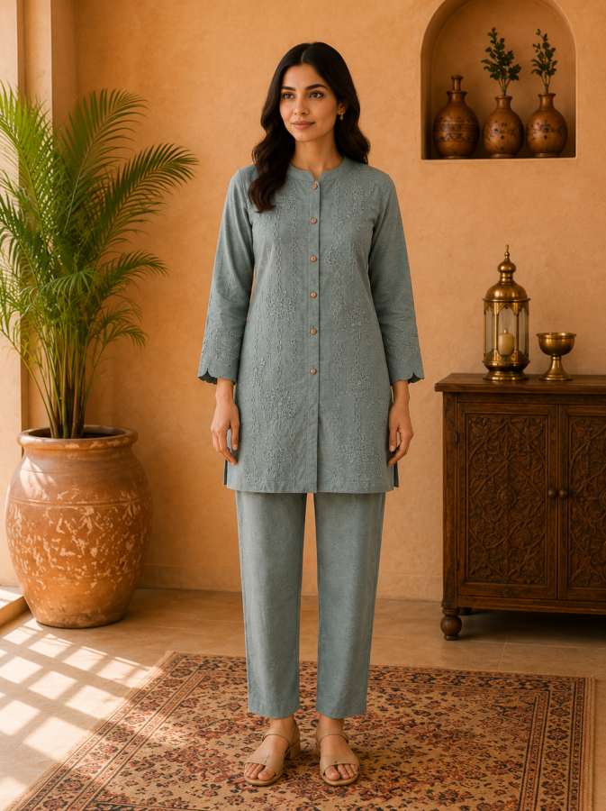 Women's  Self-Embroidered Cotton Blend Co-Ord Set