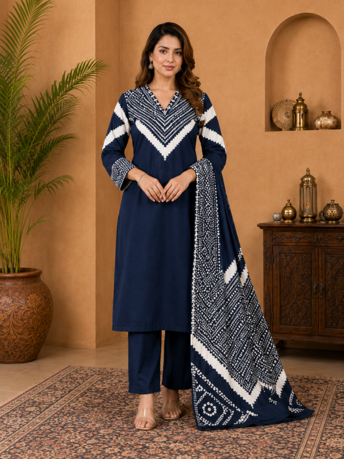 Navy Blue Digital Printed Cotton Suit Set with Neck Embroidery