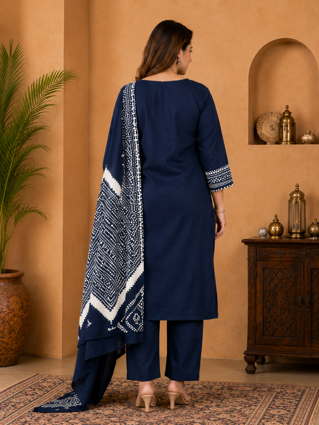 Navy Blue Digital Printed Cotton Suit Set with Neck Embroidery - Image 2