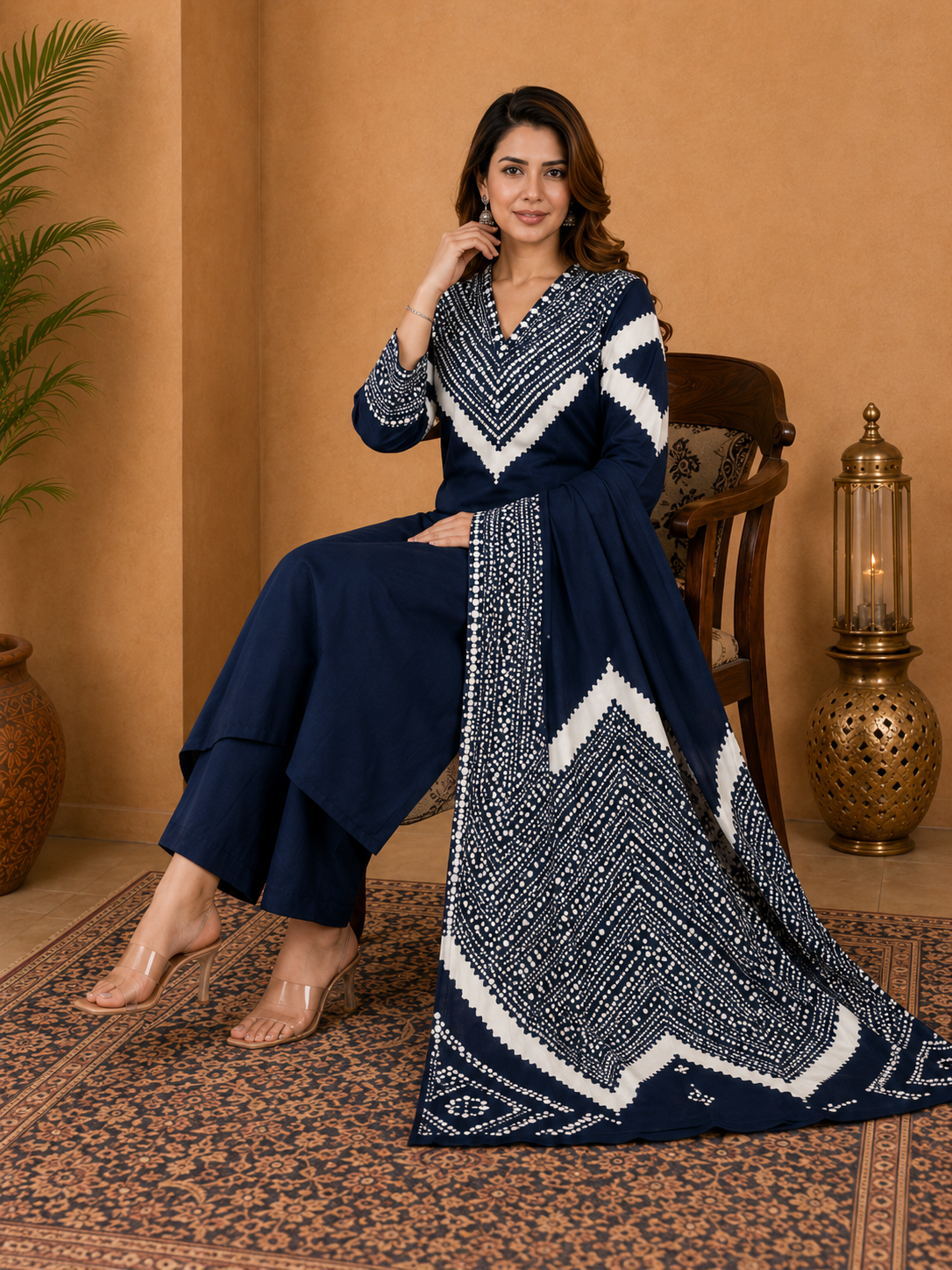 Navy Blue Digital Printed Cotton Suit Set with Neck Embroidery - Image 3