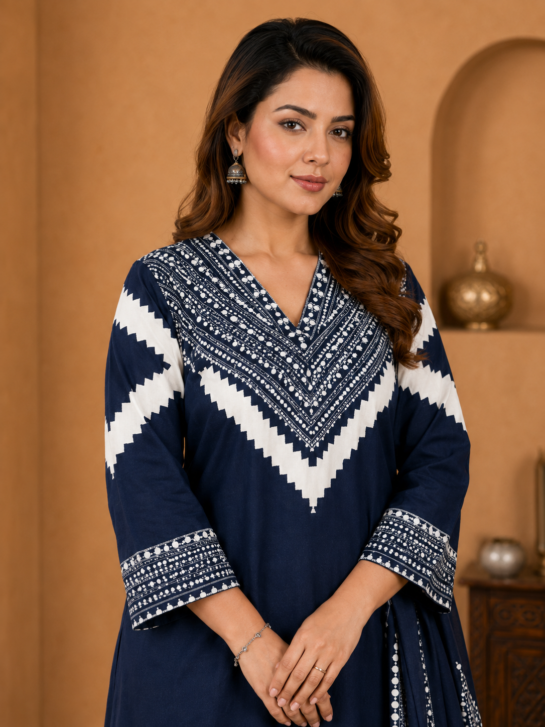 Navy Blue Digital Printed Cotton Suit Set with Neck Embroidery - Image 4