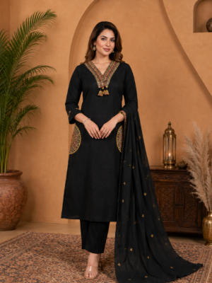 Black Designer Cotton Embroidered Suit Set with Dupatta