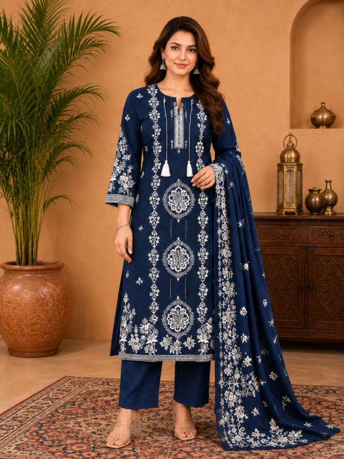 Dark Blue Digital Printed Cotton Suit Set with Dupatta