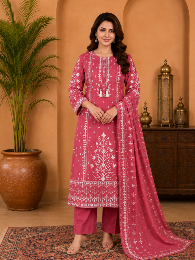 Rose Pink Digital Printed Cotton Suit Set with Dupatta
