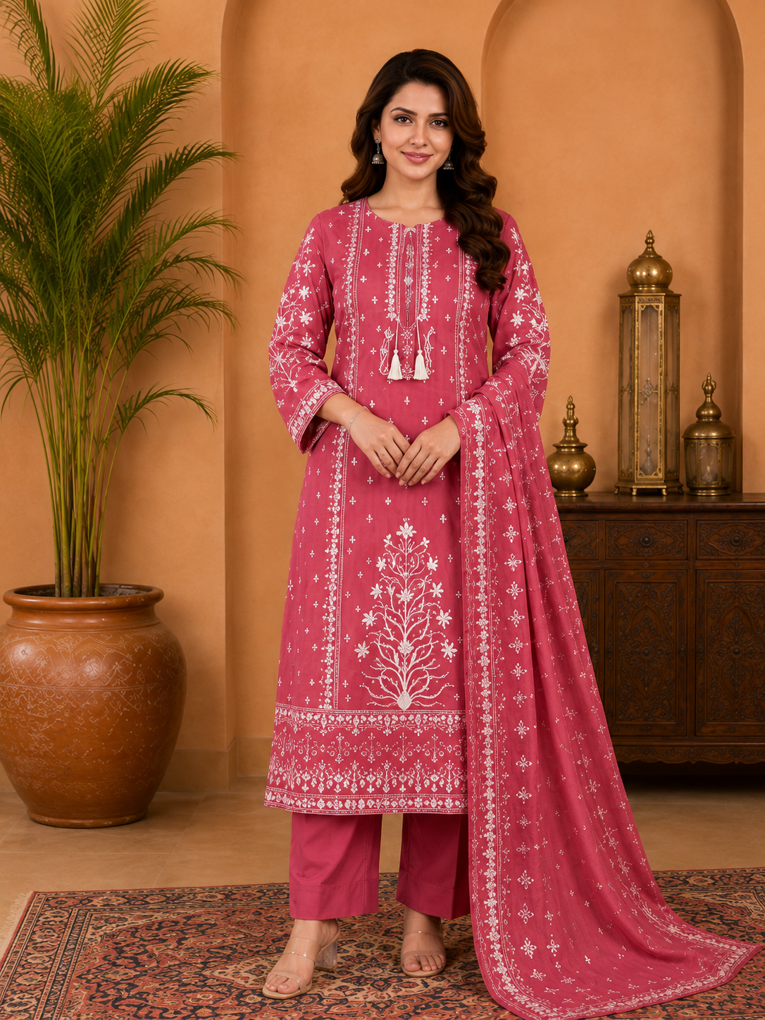 Rose Pink Digital Printed Cotton Suit Set with Dupatta
